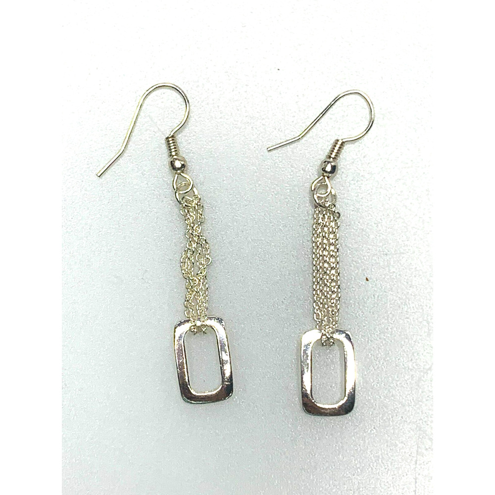 Silver Toned Hook Earrings with a Rectangle Charm Looped in Chains